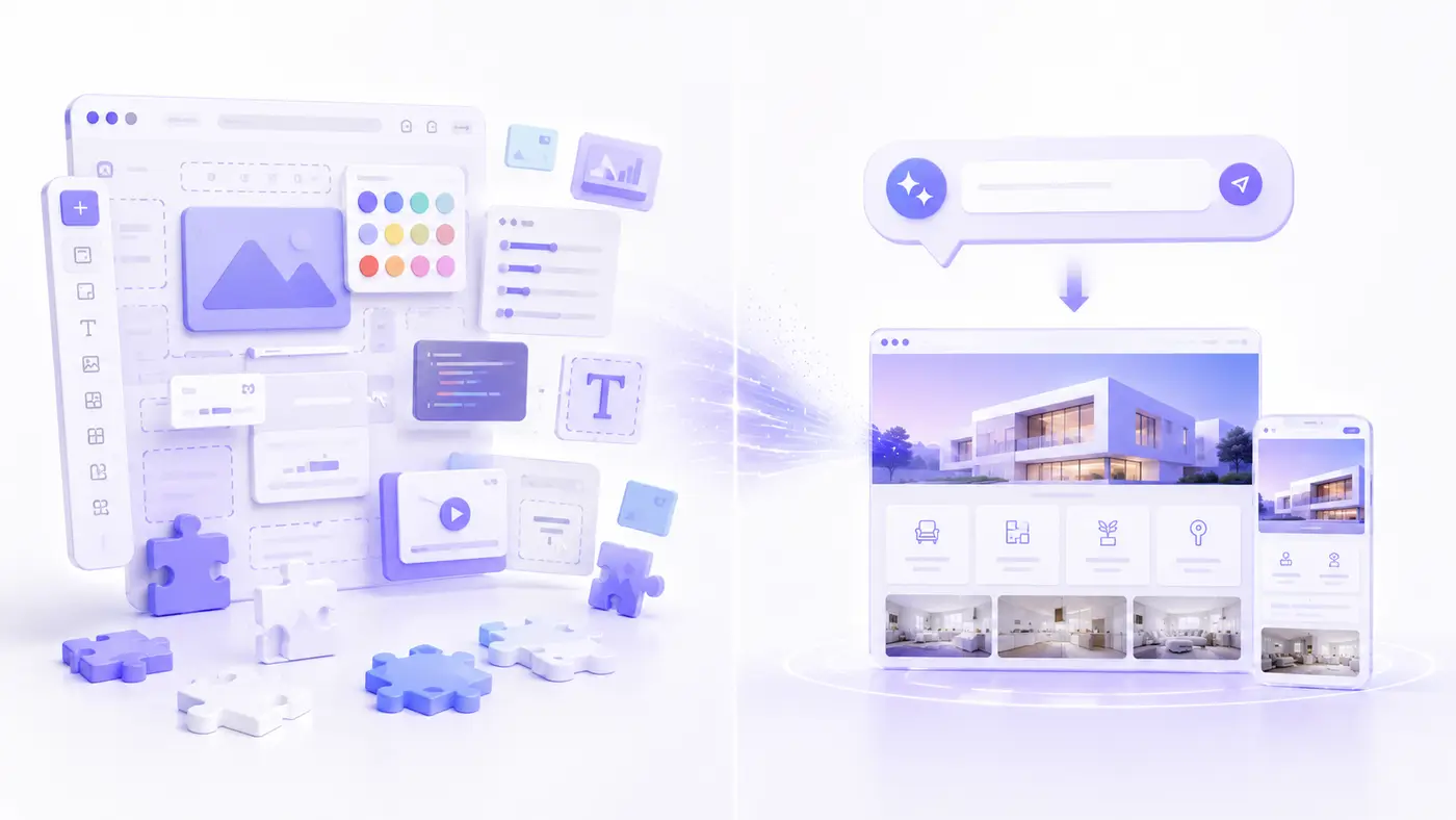 Klasik sürükle-bırak builder ile sohbet tabanlı AI website builder karşılaştırması