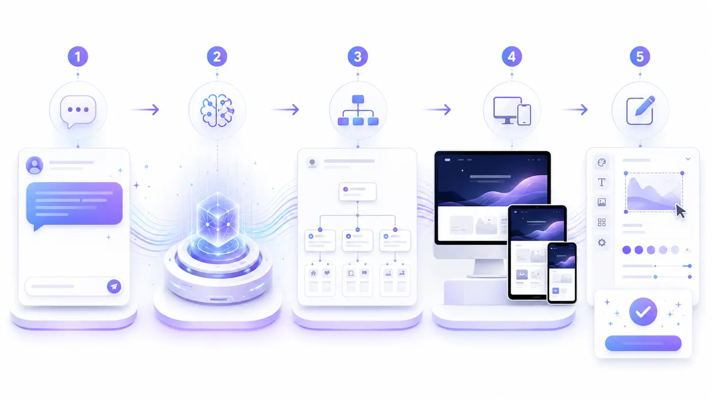 AI website builder çalışma aşamalarını gösteren şema