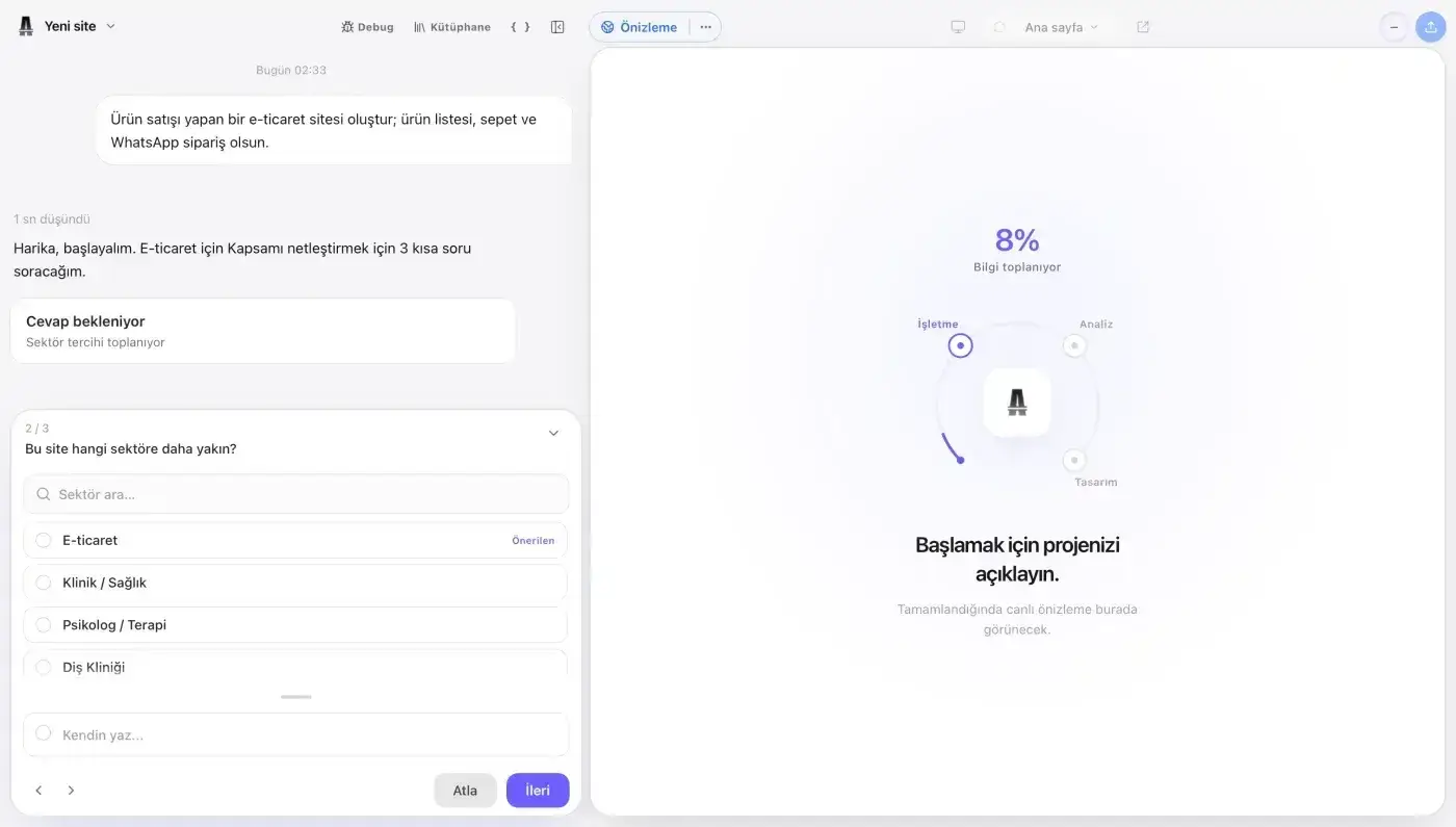 Atalay AI ile işletmesini anlatarak web sitesi oluşturan kullanıcı