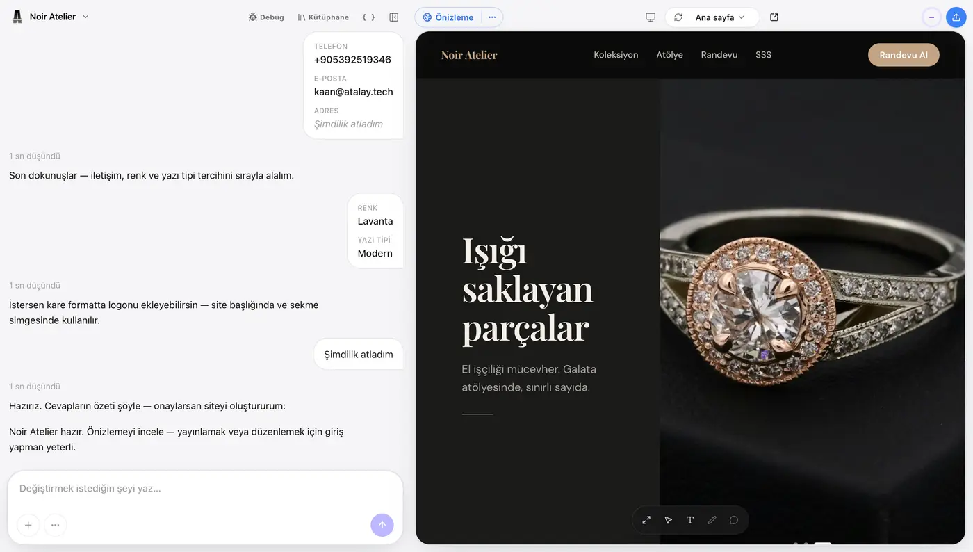Atalay AI Türkçe yapay zekâ web sitesi oluşturucu ekranı
