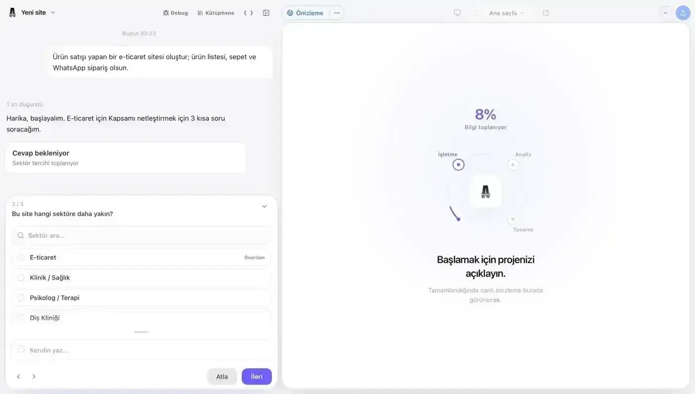 A user creating a website by describing their business to Atalay AI
